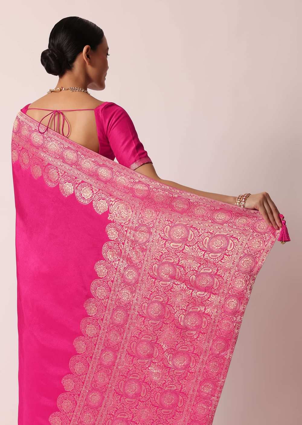 Pink Banarasi Dola Silk Saree With Woven Floral Detail And Unstitched Blouse Piece