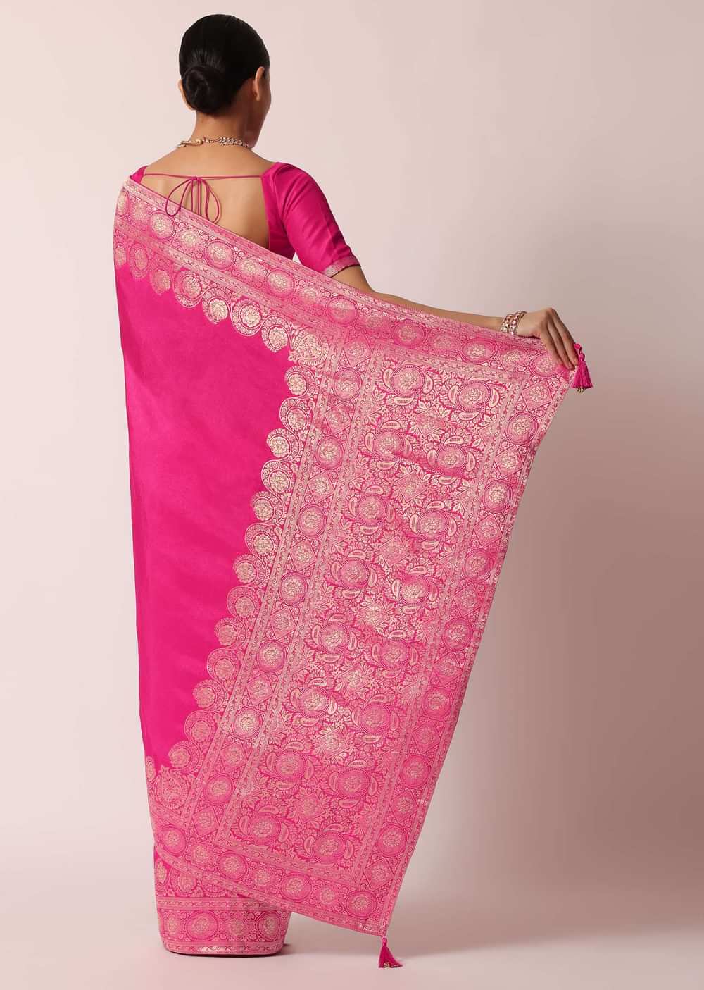 Pink Banarasi Dola Silk Saree With Woven Floral Detail And Unstitched Blouse Piece