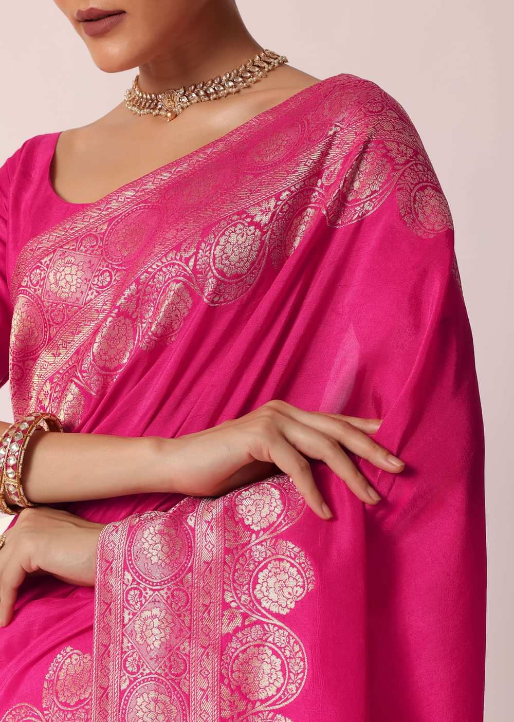 Pink Banarasi Dola Silk Saree With Woven Floral Detail And Unstitched Blouse Piece