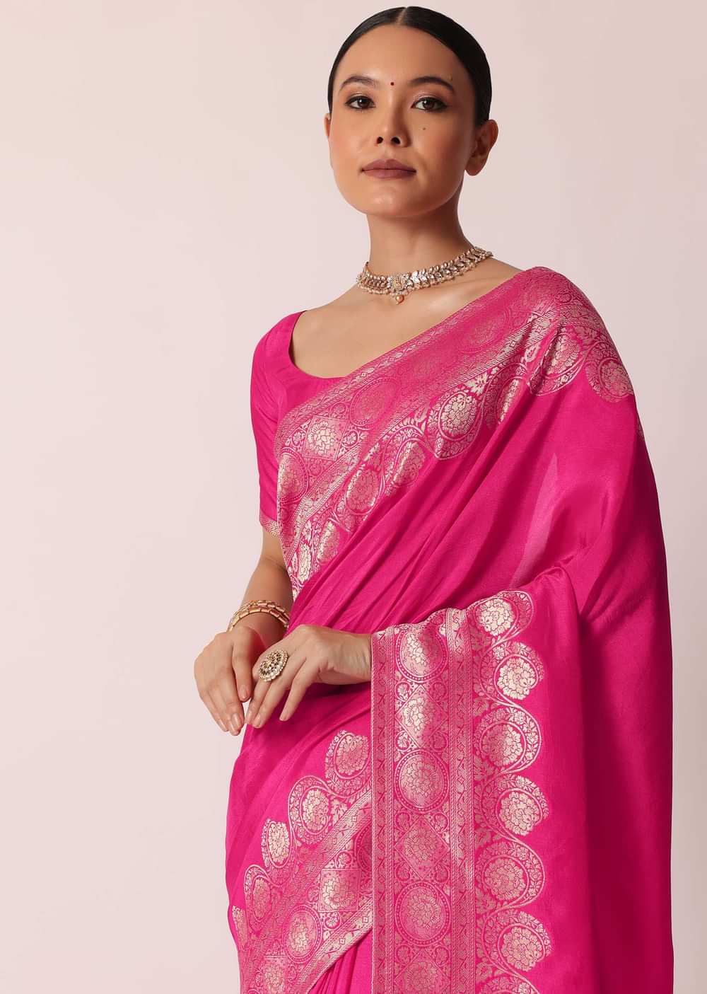 Pink Banarasi Dola Silk Saree With Woven Floral Detail And Unstitched Blouse Piece