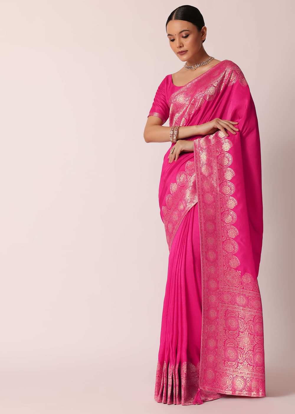 Pink Banarasi Dola Silk Saree With Woven Floral Detail And Unstitched Blouse Piece