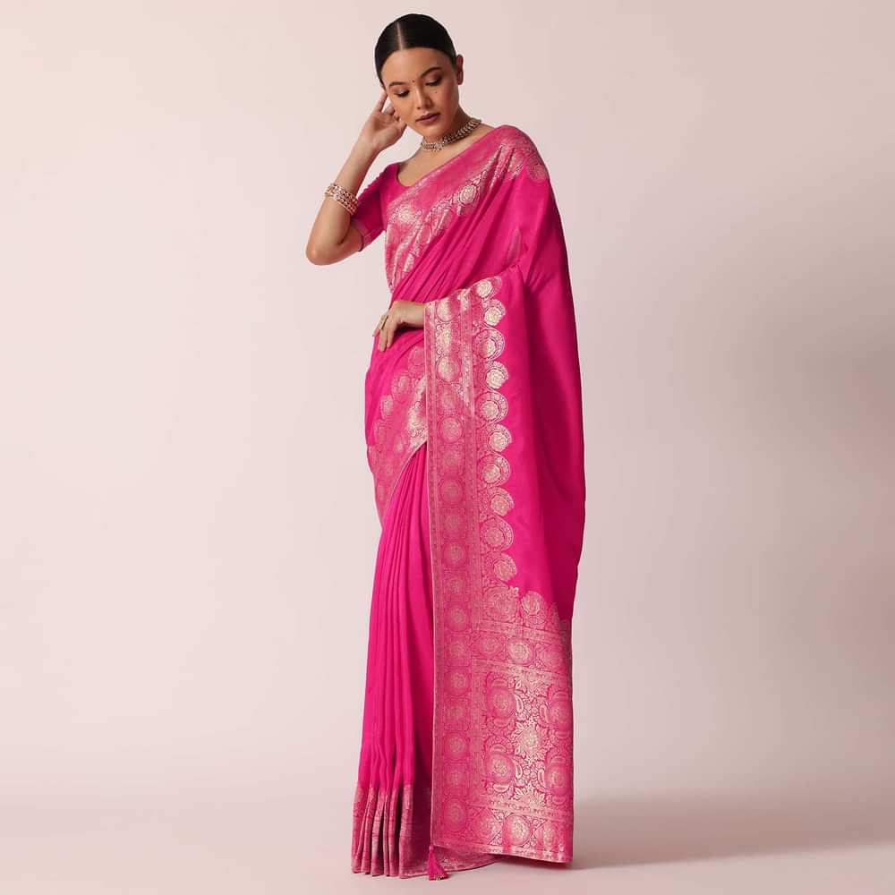 Pink Banarasi Dola Silk Saree With Woven Floral Detail And Unstitched Blouse Piece