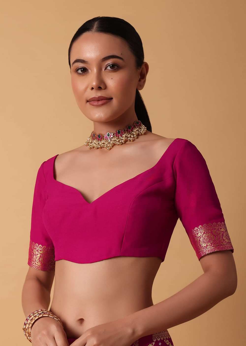 Pink Banarasi Georgette Saree With Bandhani Detail And Unstitched Blouse Piece