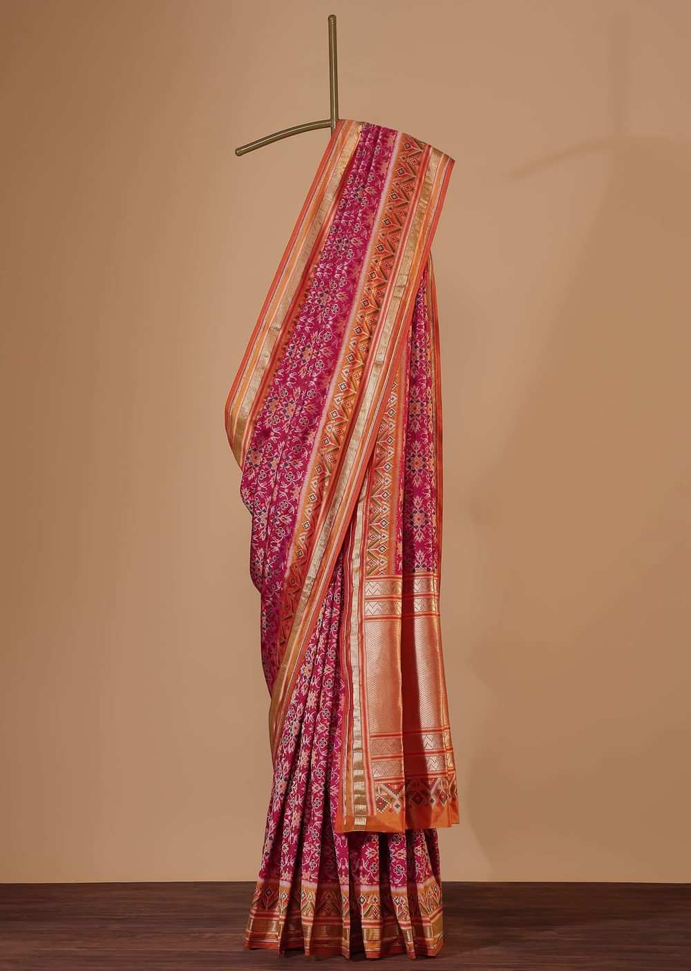 Pink Banarasi Patola Saree In Katan Silk With Ikat Weave And Unstitched Blouse