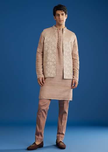 Peach Banarasi Kurta Set With Salli And Katsana Jacket