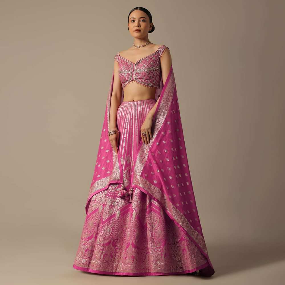 Pink Banarasi Silk Lehenga Set With Gota Patti