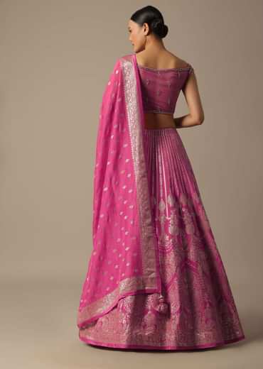 Pink Banarasi Silk Lehenga Set With Gota Patti