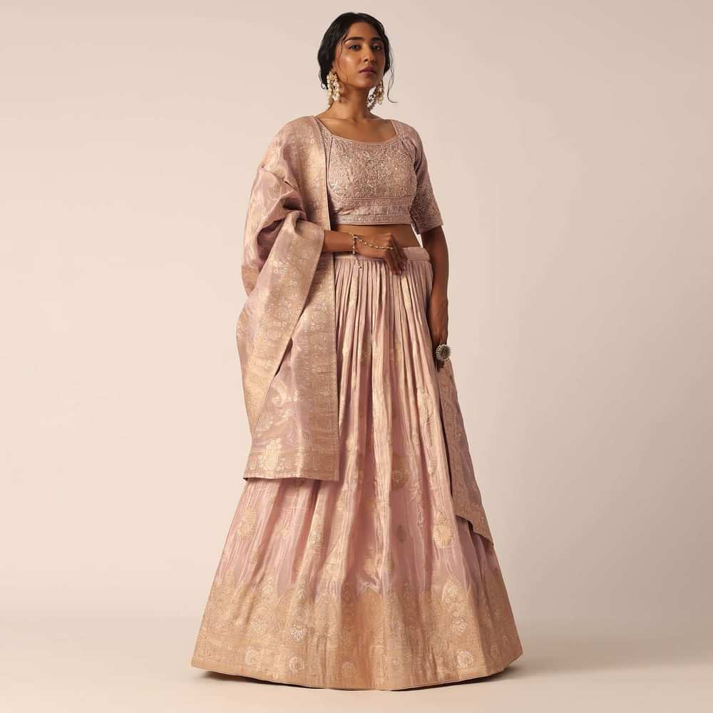 Pink Banarasi Silk Lehenga Set With Sequin Work