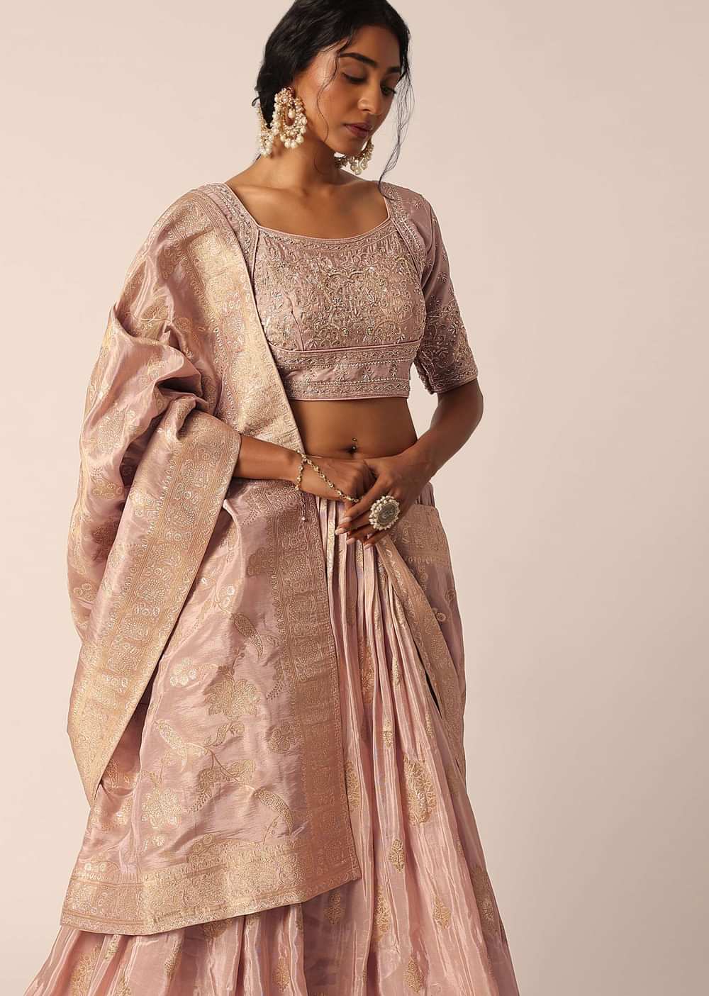 Pink Banarasi Silk Lehenga Set With Sequin Work