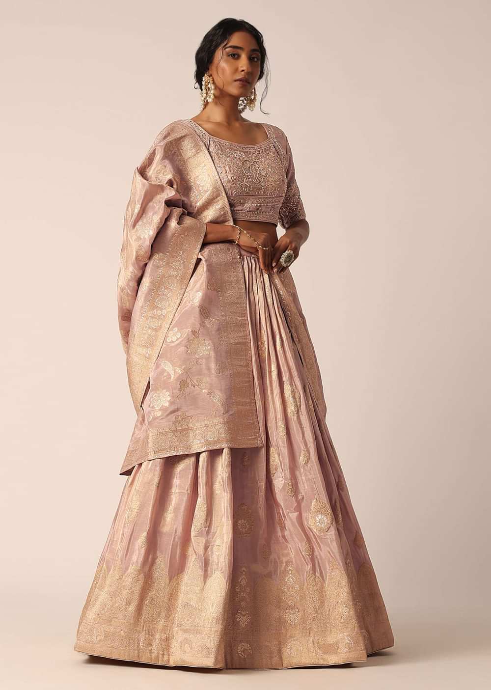 Pink Banarasi Silk Lehenga Set With Sequin Work