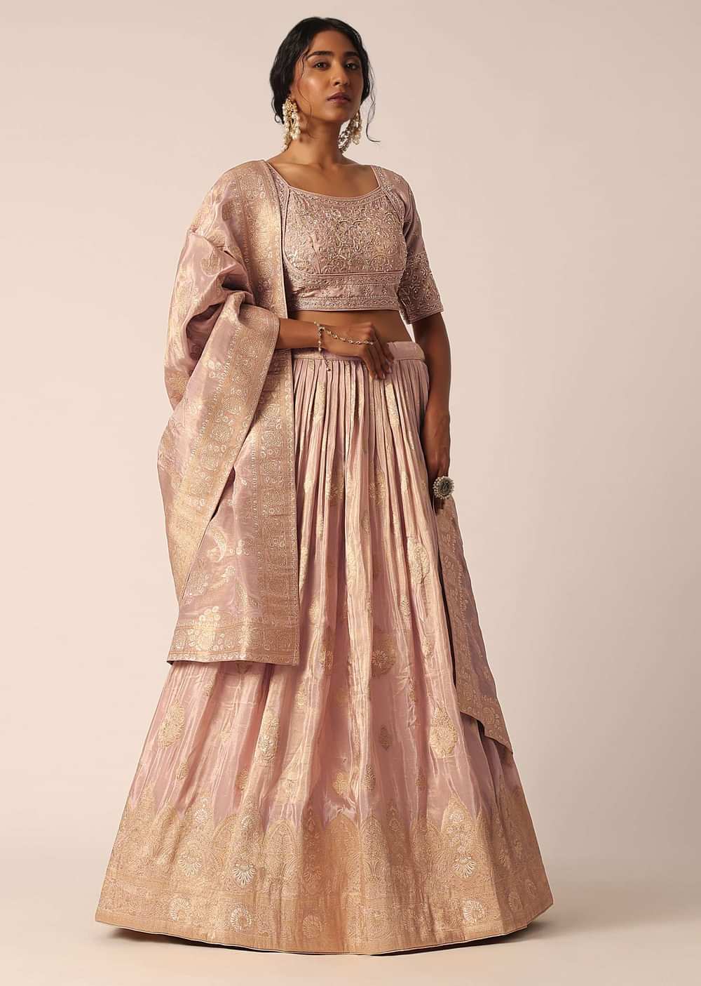 Pink Banarasi Silk Lehenga Set With Sequin Work
