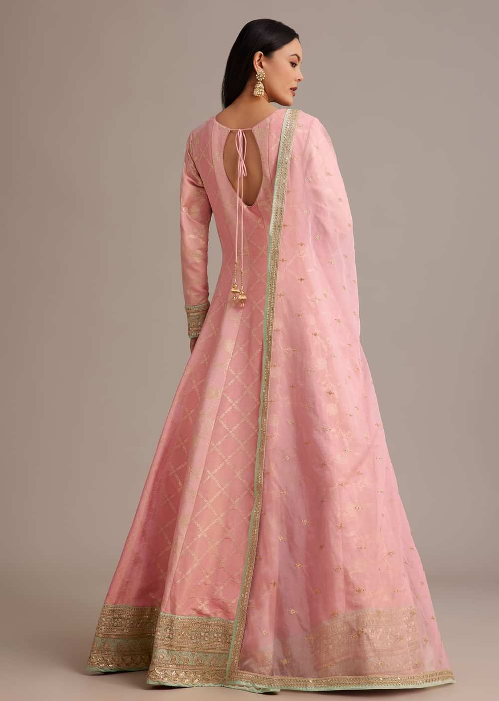 Pink Banarasi Tissue Anarkali Set With Zardosi And Cut Dana Work