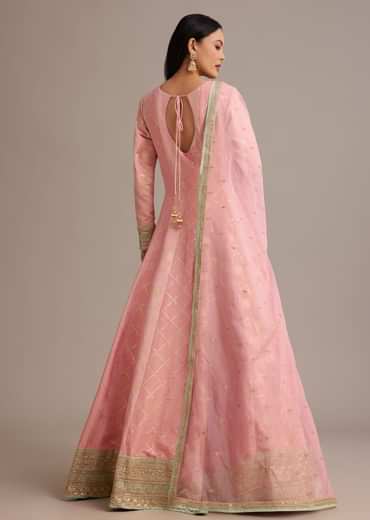 Pink Banarasi Tissue Anarkali Set With Zardosi And Cut Dana Work