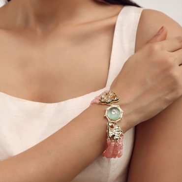 Pink Beaded Bracelet With Kundan Work In Mix Metal
