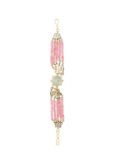 Pink Beaded Bracelet With Kundan Work In Mix Metal