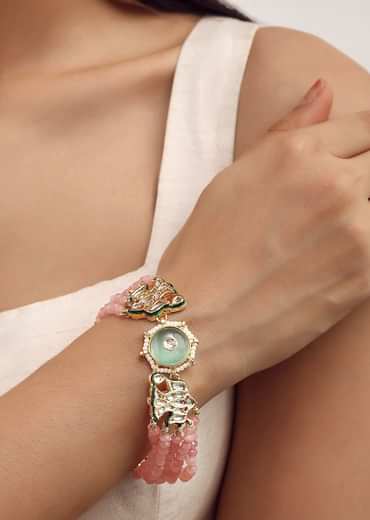 Pink Beaded Bracelet With Kundan Work In Mix Metal