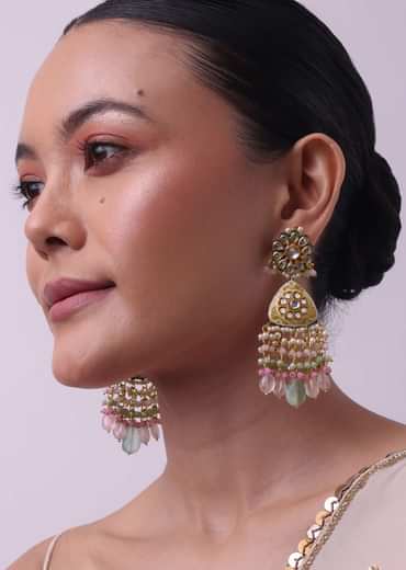 Pink Beaded Kundan Danglers In Gold Finish
