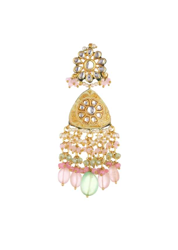 Pink Beaded Kundan Danglers In Gold Finish