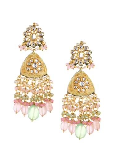 Pink Beaded Kundan Danglers In Gold Finish
