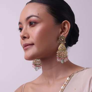 Pink Beaded Kundan Danglers In Gold Finish