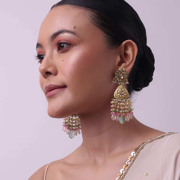 Pink Beaded Kundan Danglers In Gold Finish