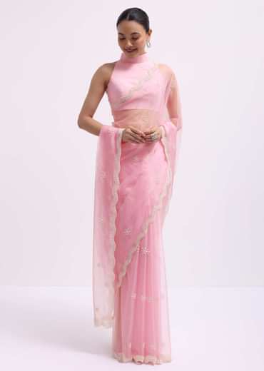 Pink Beads Embroidered Organza Saree With Unstitched Blouse