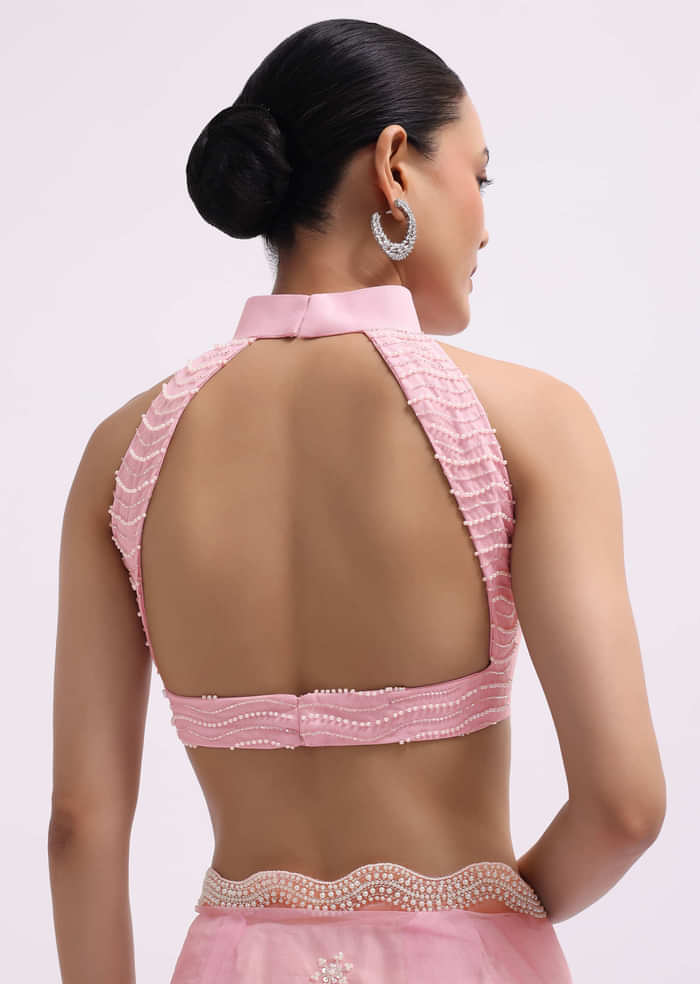 Pink Beads Embroidered Organza Saree With Unstitched Blouse