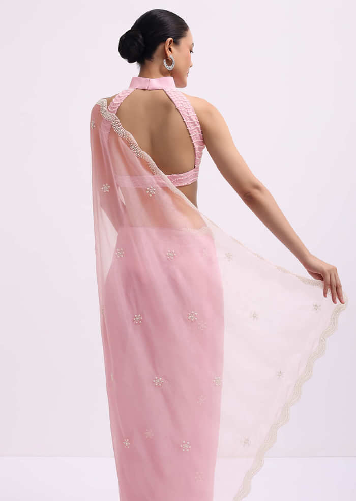 Pink Beads Embroidered Organza Saree With Unstitched Blouse