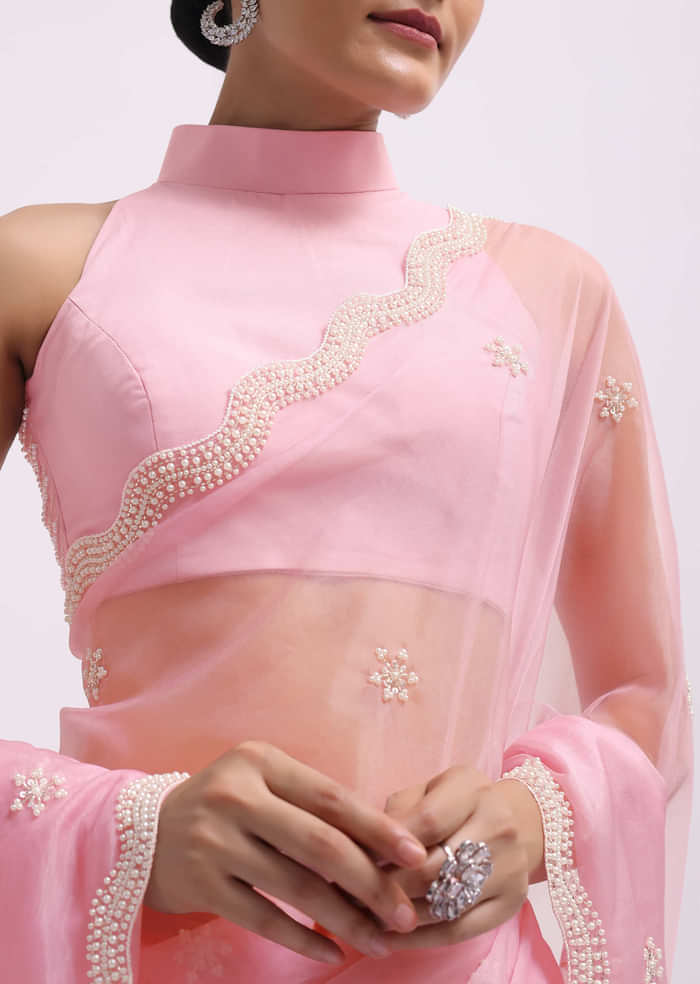 Pink Beads Embroidered Organza Saree With Unstitched Blouse