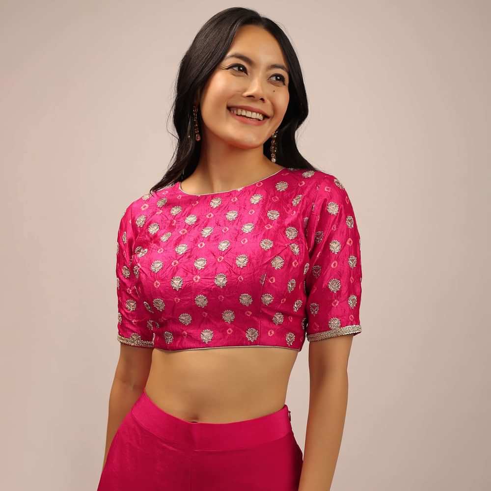 Pink Blouse In Brocade Silk With Bandhani Print And Half Sleeves