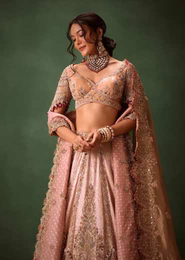 Pink Brocade Velvet Lehenga Choli With Two Scallop Dupattas