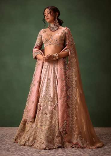 Pink Brocade Velvet Lehenga Choli With Two Scallop Dupattas
