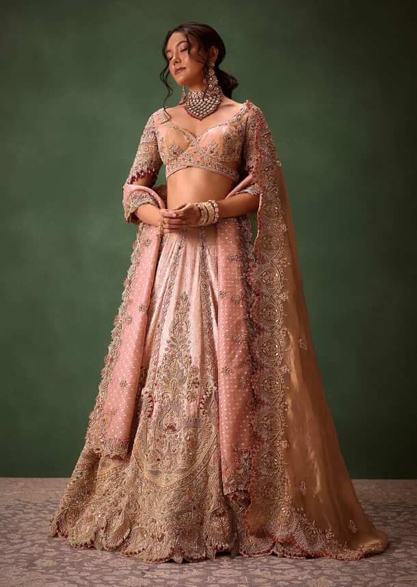 Pink Brocade Velvet Lehenga Choli With Two Scallop Dupattas