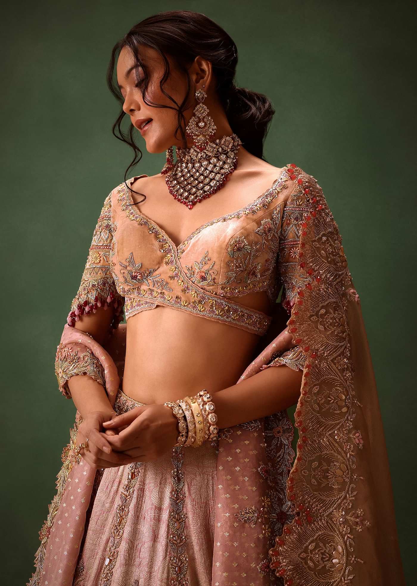 Pink Brocade Velvet Lehenga Choli With Two Scallop Dupattas
