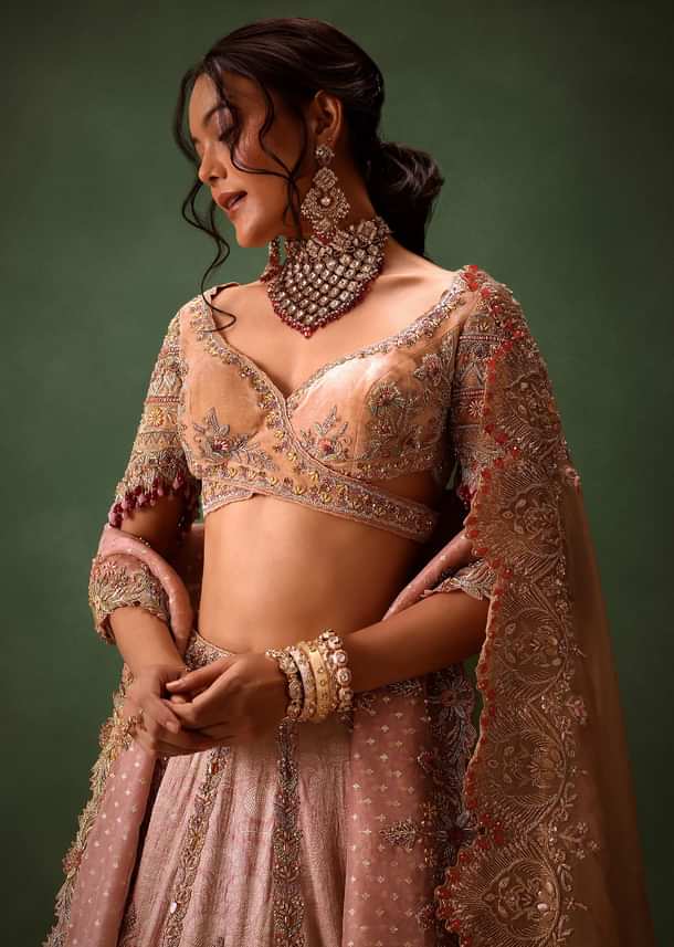 Pink Brocade Velvet Lehenga Choli With Two Scallop Dupattas