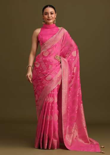 Pink Brocade Zari Weave Saree With Unstitched Blouse