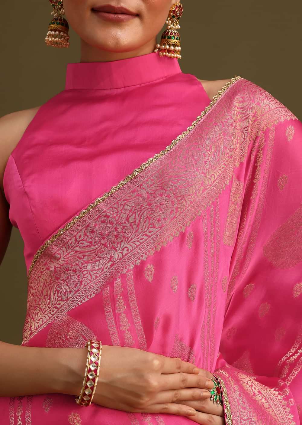 Pink Brocade Zari Weave Saree With Unstitched Blouse