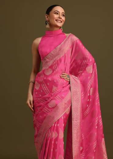 Pink Brocade Zari Weave Saree With Unstitched Blouse