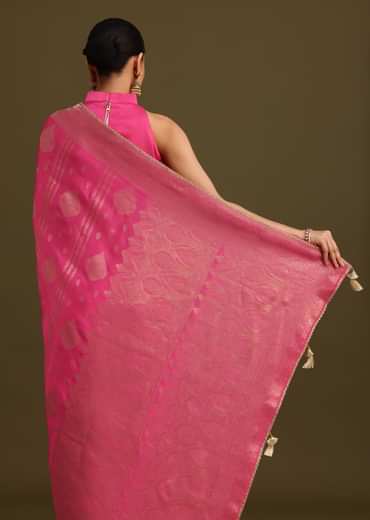Pink Brocade Zari Weave Saree With Unstitched Blouse