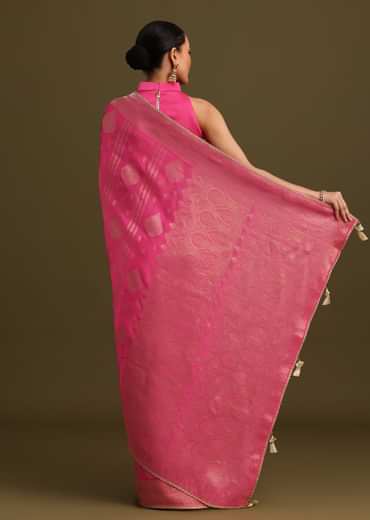 Pink Brocade Zari Weave Saree With Unstitched Blouse