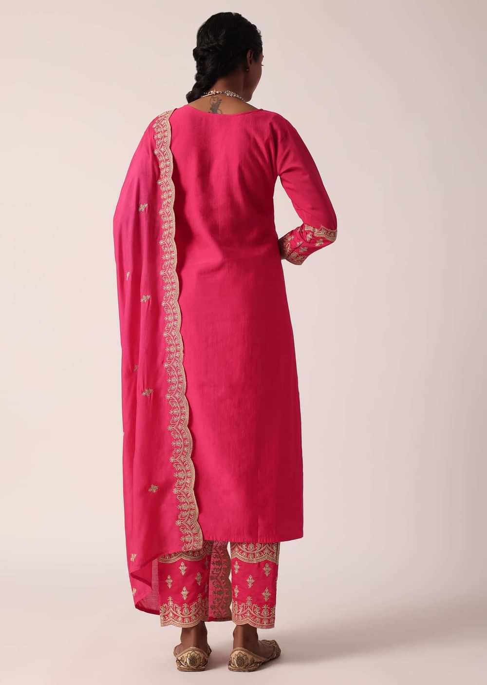 Fuchsia Pink Chanderi Pant Set With Embroidered Kurta