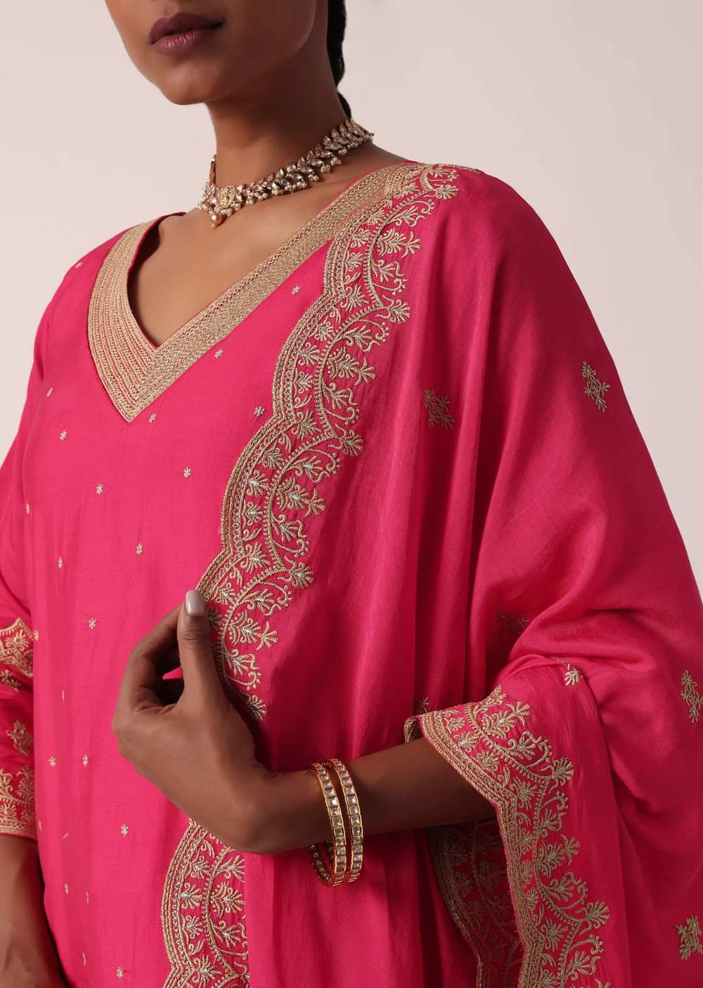 Fuchsia Pink Chanderi Pant Set With Embroidered Kurta