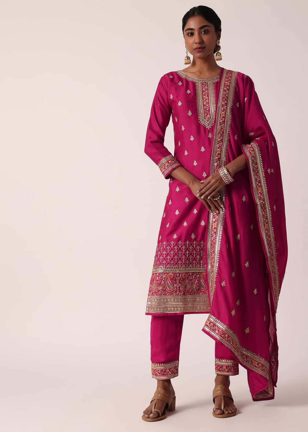Pink Chanderi Pant Set With Embroidered Kurta