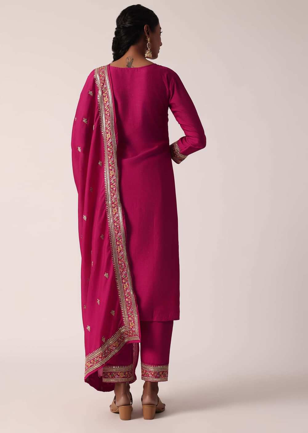 Pink Chanderi Pant Set With Embroidered Kurta