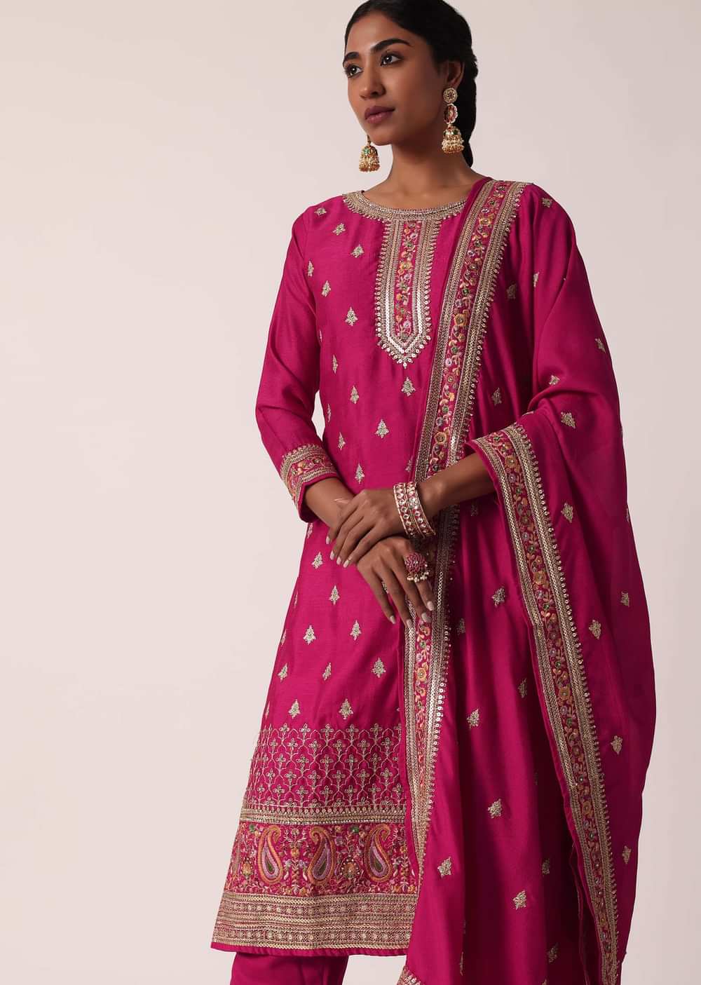 Pink Chanderi Pant Set With Embroidered Kurta