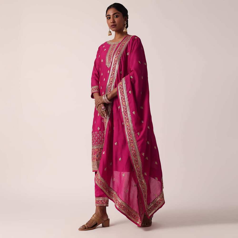 Pink Chanderi Pant Set With Embroidered Kurta