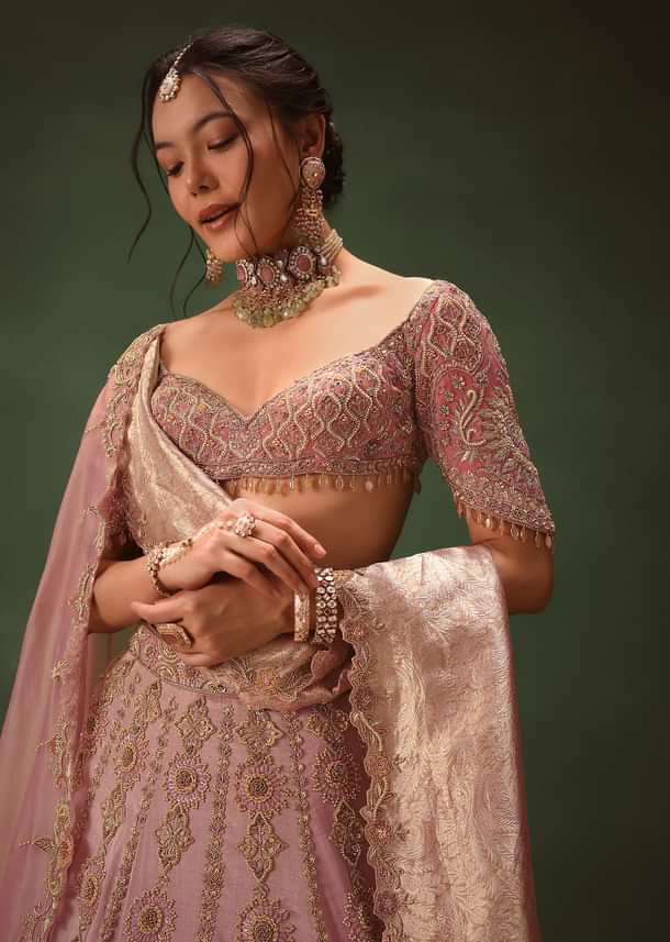 Pink Chanderi Silk Heavy Embroidered Lehenga Set