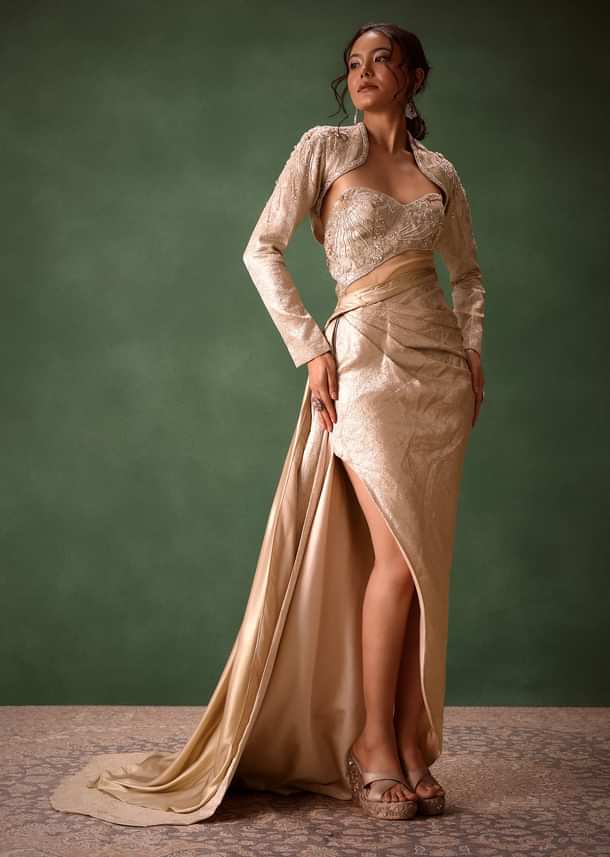 Beige Brocade Gown with Crop Jacket