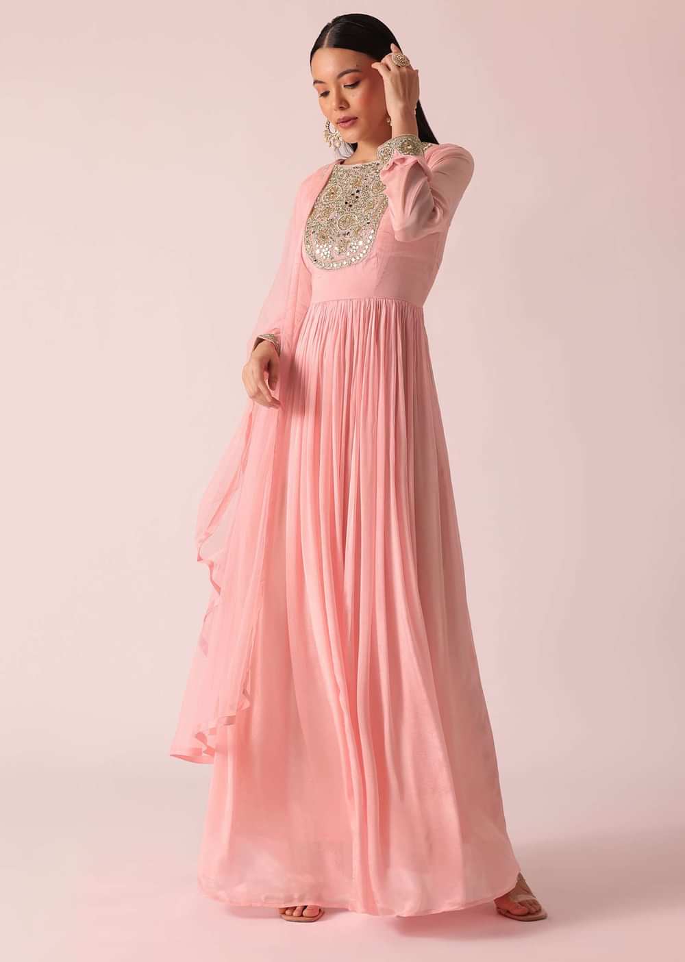 Pink Chiffon Anarkali And Dupatta With Mirror Work