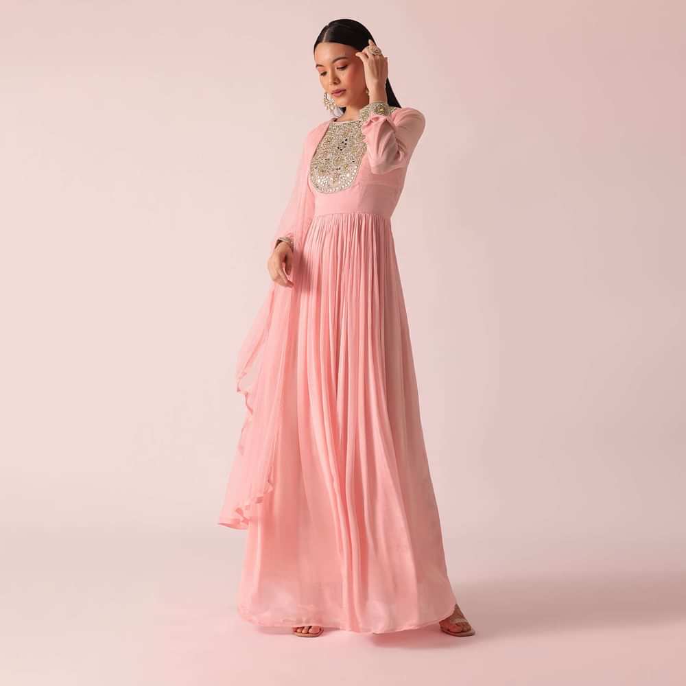 Pink Chiffon Anarkali And Dupatta With Mirror Work